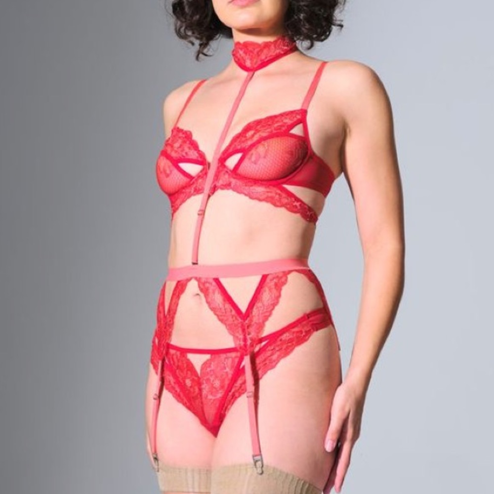 Thistle and Spire Red Lace Strappy Bra, Garter & Thong Set